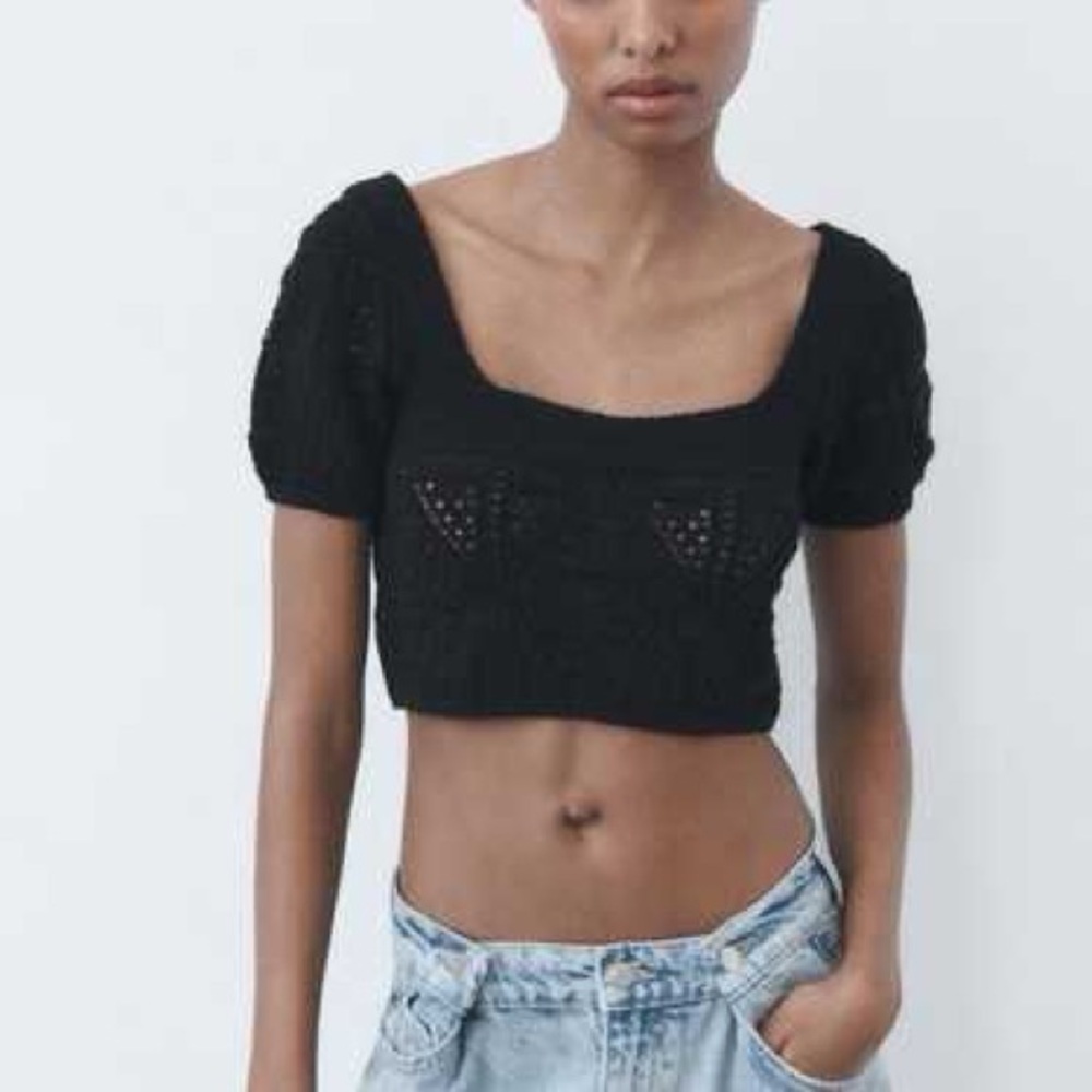 Zara Square Neck Knit Crochet Cropped Blouse